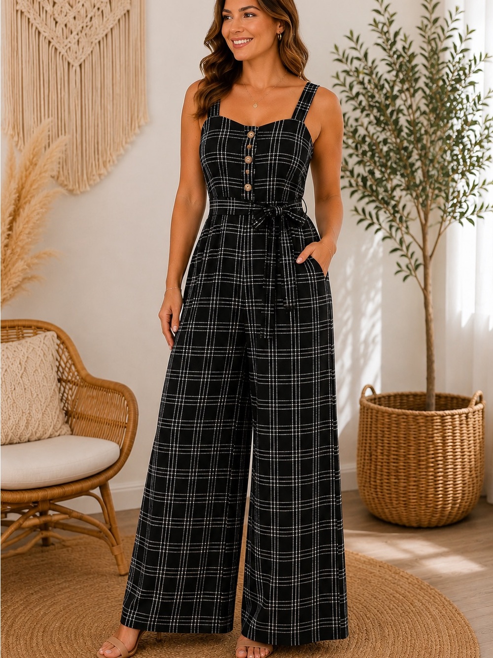 American Eagle Plaid Wide-Leg Jumpsuit with Tie Waist and Pockets - Black